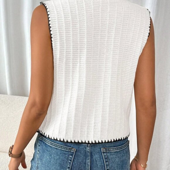 Beige Casual Women's Color Block Edging Vest Style V-Neck Sweater - Picture 2 of 6